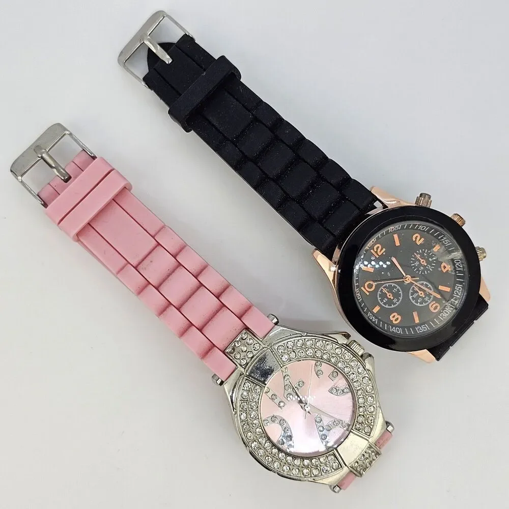 2X Women's Watch 38MM Pink Black Dial Pink Black Plastic Bands New Battery‎